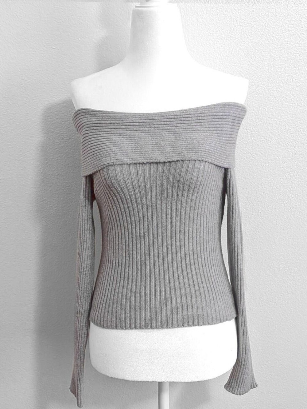 Cider Grey Foldover Off The Shoulder Ribbed Knit Sweater Top | Size L